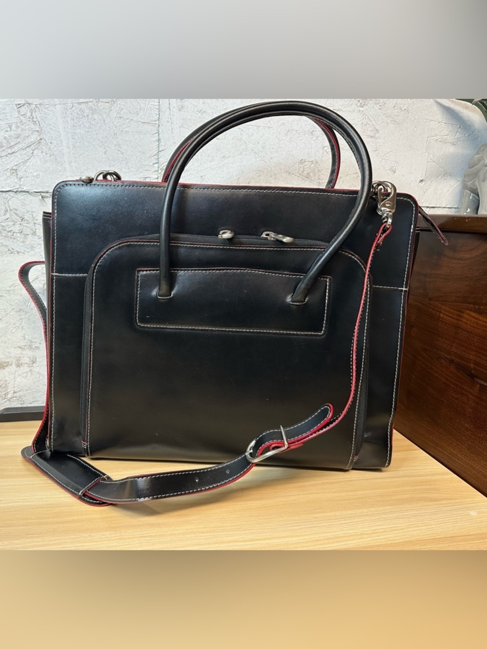 McLain Lake Forest Italian Leather womans Briefcase black and red lined.